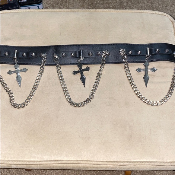 Killstar Hope to Die black faux leather studded waist belt crosses chains